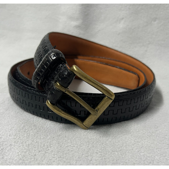 VTG Descente Mens Belt SZ 38 Black Leather Superweave Braided Geometric Canada - Picture 1 of 10